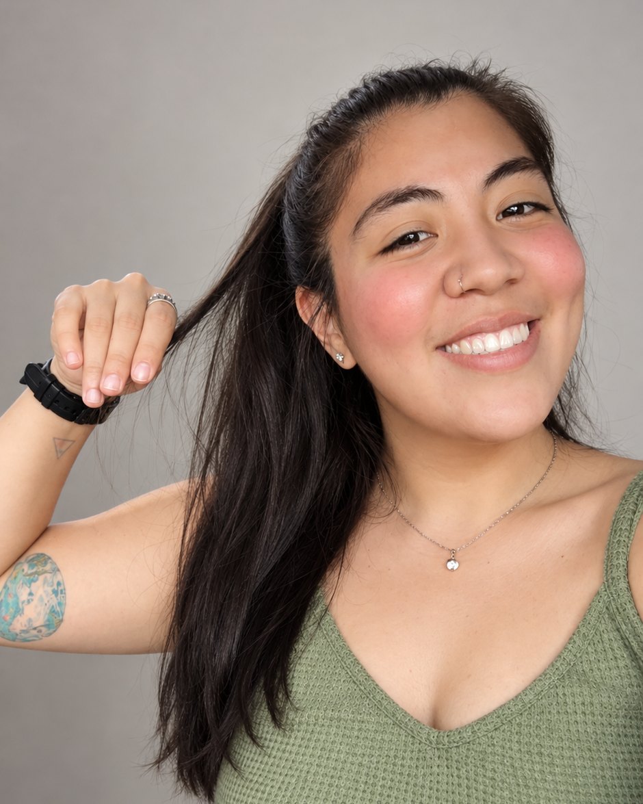 Naimid Barrios sonriendo, con la mano en el pelo